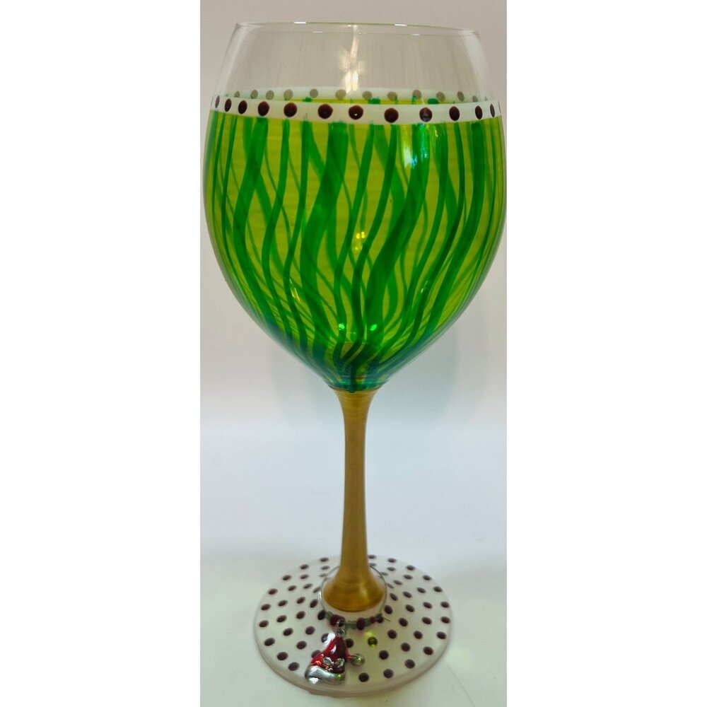 Whimsical Hand-Painted Green Wine Glass With Red Dotted Base &‎ Red Santa Charm
